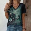 Creative Flower Colorful Pattern Summer Soft Fashionable Comfortable Women's T-Shirts Casual Breathable Loose V-Neck Short-Sleeve T-Shirt