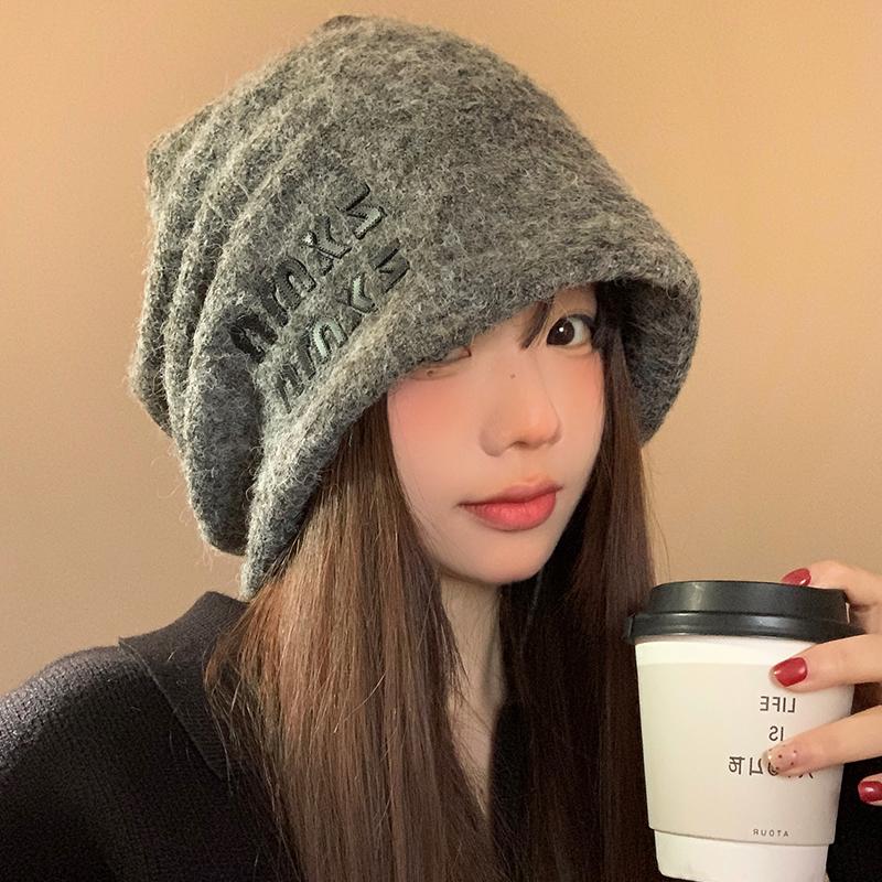 Wool gray knitted pile hat women's season big head circumference warm hat ear protector head cold hat showing small face