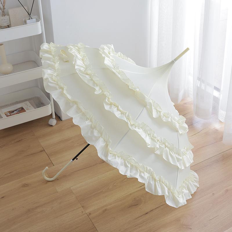 Lolita Lace Pagoda Princess Parasol - Elegant Wedding Umbrella with Long Handle, Goddess Sunshade, Cute Lolita Design, Sun Protection.