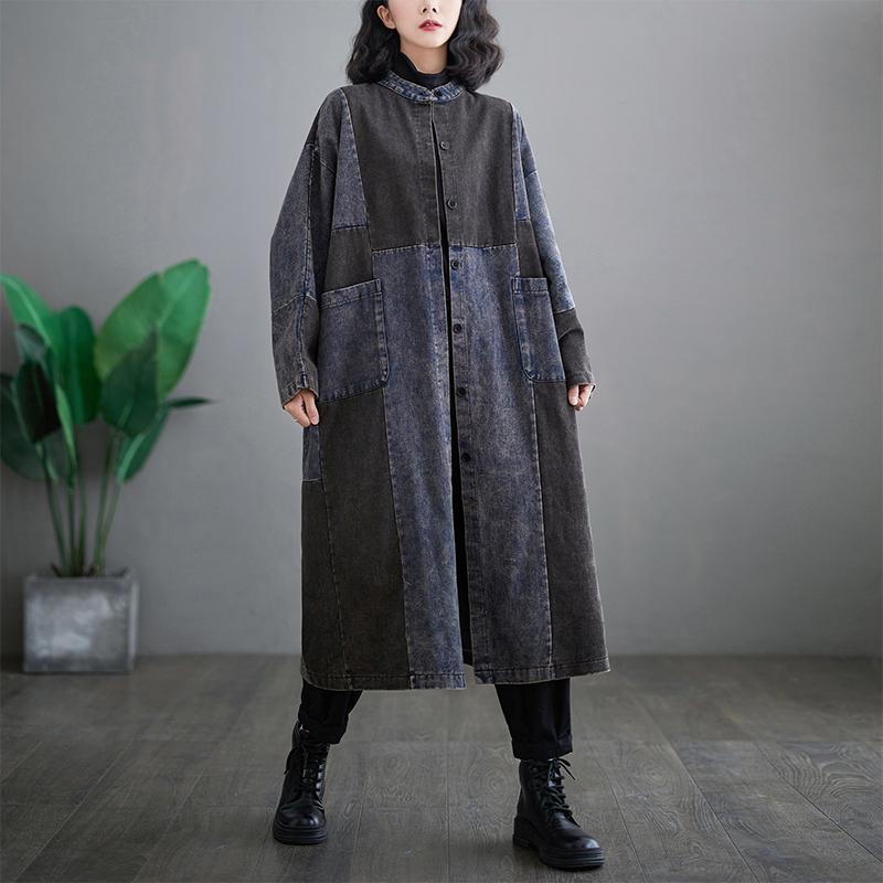 Spring Women Denim Coat Spliced Cotton Buttons Casual Vintage Long Jacket Loose Oversized Pockets