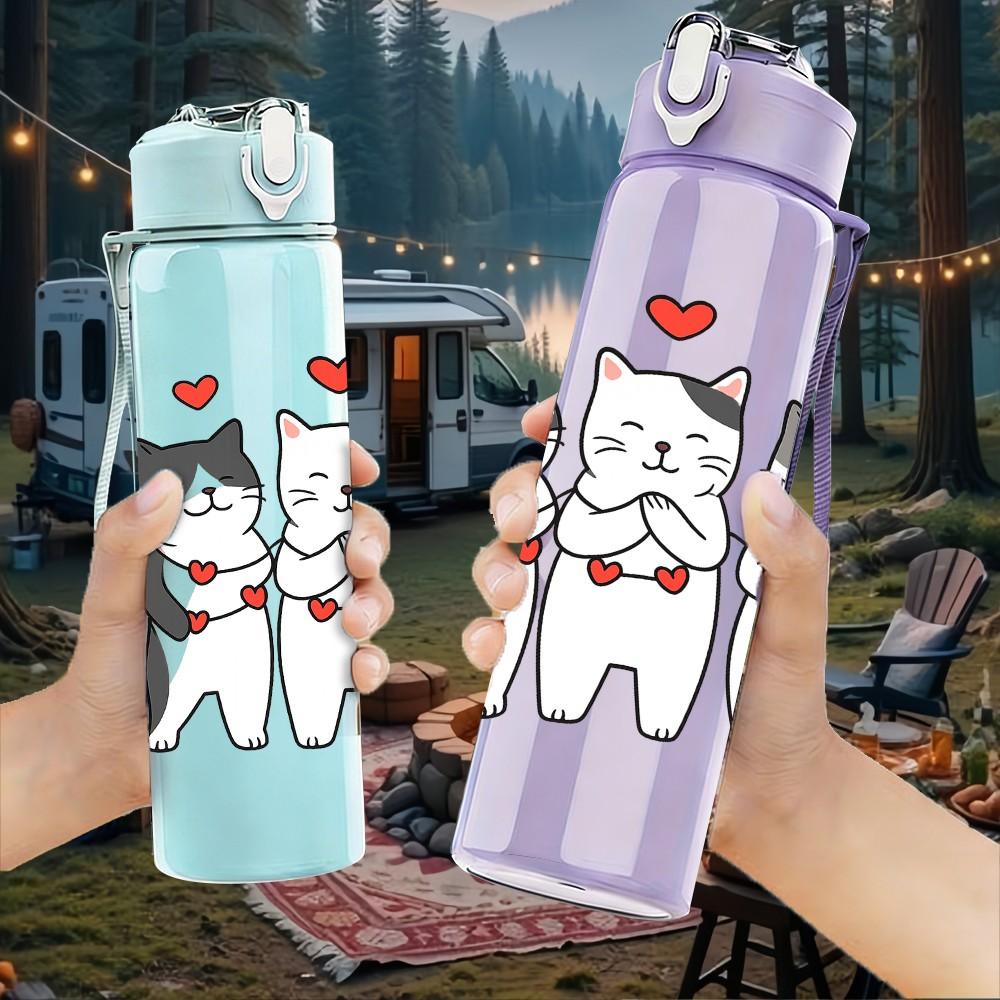 1PC Three Love Heart Cats Cartoon 750ml Color Plastic Sports Water Bottle Leakproof Flip Straw Lid Suitable for Sports Office Home Use