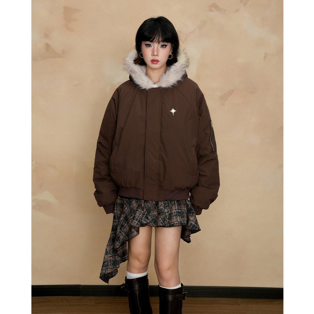 Women's Winter Warm Fur Collar Hooded Quilted Padded Jacket Brown Loose Causal Short Style Cotton-padded Coat