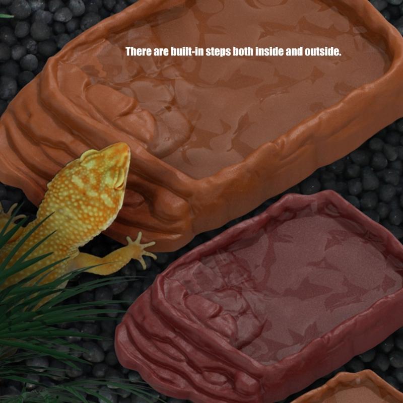 AntiSlip Reptiles Water Dish With Simulation Rock Ramp For Turtles Lizards Geckos Plastic Feeding Bowl Habitats Decors