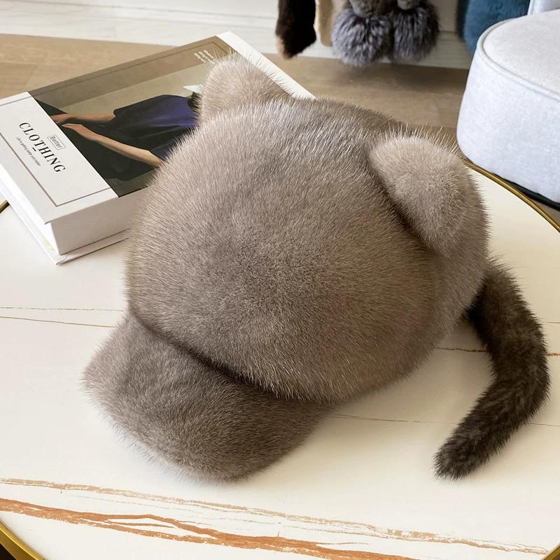 Winter Ladies Mink Hat Sweet Cute Cat Ears with Tail Whole Mink Hat Mink Fur Cap Tide