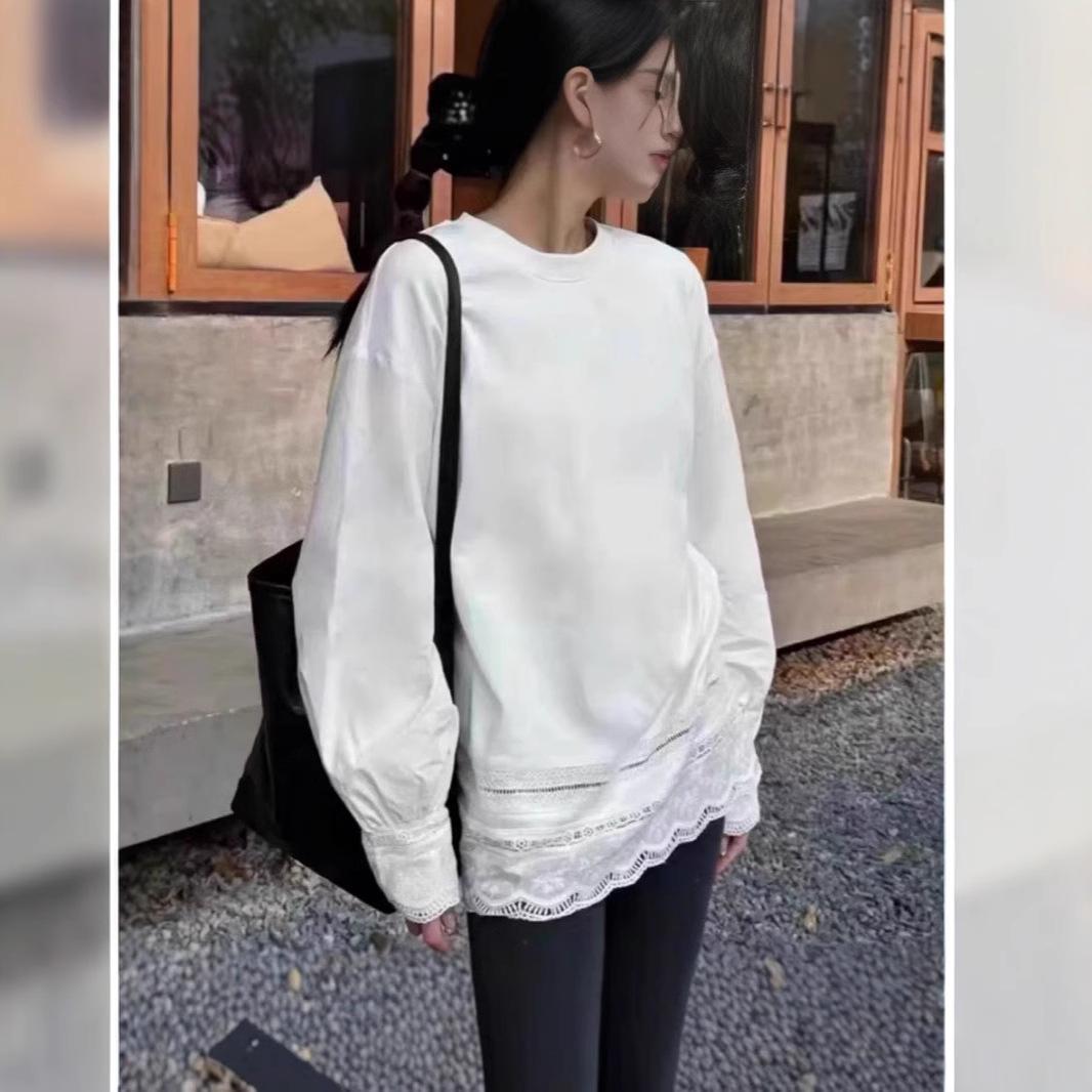 

Women s White Lace Patchwork Long Sleeve T-Shirt - 2025 Spring Korean Style One Size