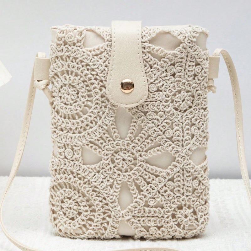 Borsa di Paglia alla Moda Versione Coreana Borsa a Spalla all'Uncinetto Lavorazione a Maglia Vuota Borsa Floreale da Spiaggia Casual Retro per Telefono Cellulare