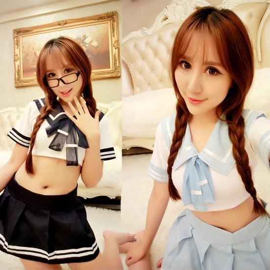 Women Crop Top Mini Pleated Skirt Stockings Schoolgirl Uniform Cosplay Costume