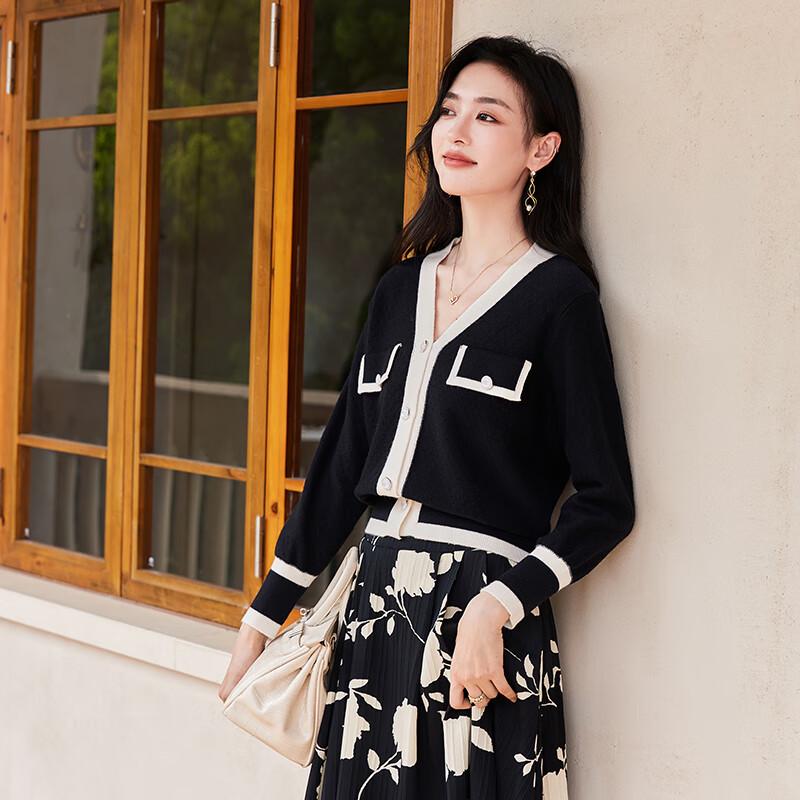 VICTORIA&VERA Women's V-Neck Color Block Knit Cardigan