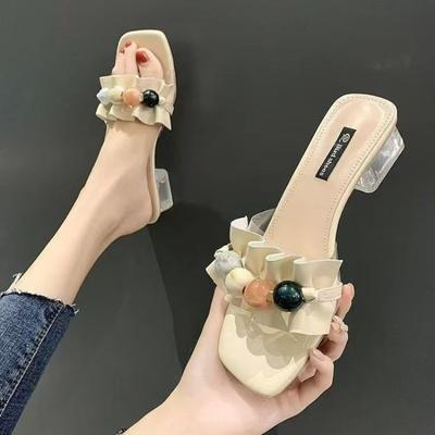 Crystal Slippers - Women's Shoes with Thick Heels and Square Toes, High Heels Sandals