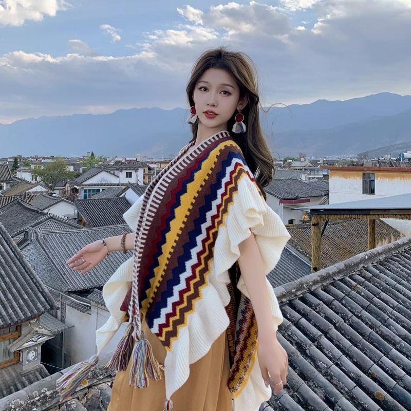 Yunnan Retro Tassel Shawl - Women's Autumn/Winter Cape Scarf for Travel & Vacation