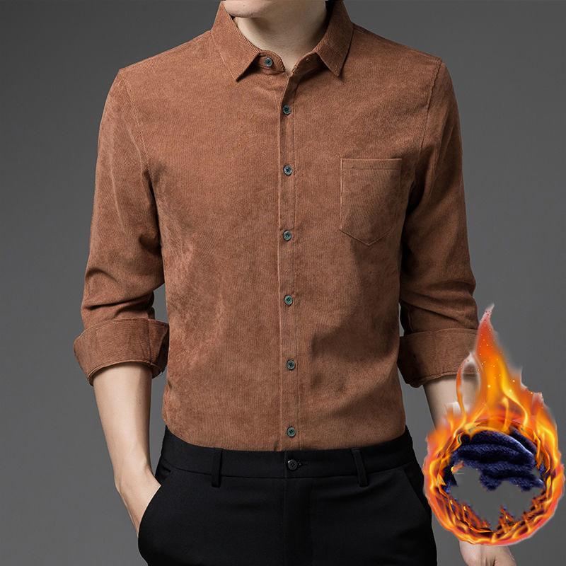 Men's Autumn and Winter Thickened Vintage Shirt Casual Solid Color Long Sleeve Shirt