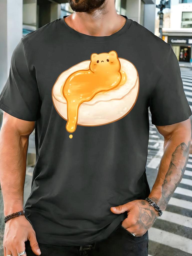 Cute Honey Cat On Toast Unisexs Front Print T Shirt Kawaii Animal Food Graphic Tee Casual Short Sleeve Top Lovely Cat Lover Gift
