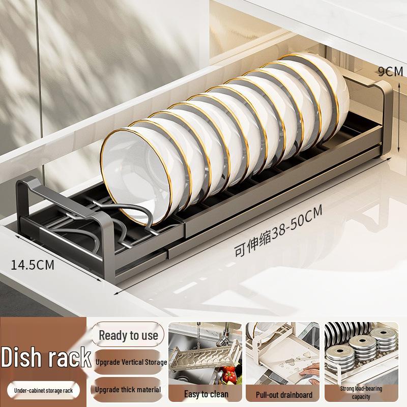 Ausziehbarer Schubladenorganisator aus Edelstahl mit Schüssel- und Tellergestell für Küchenschränke