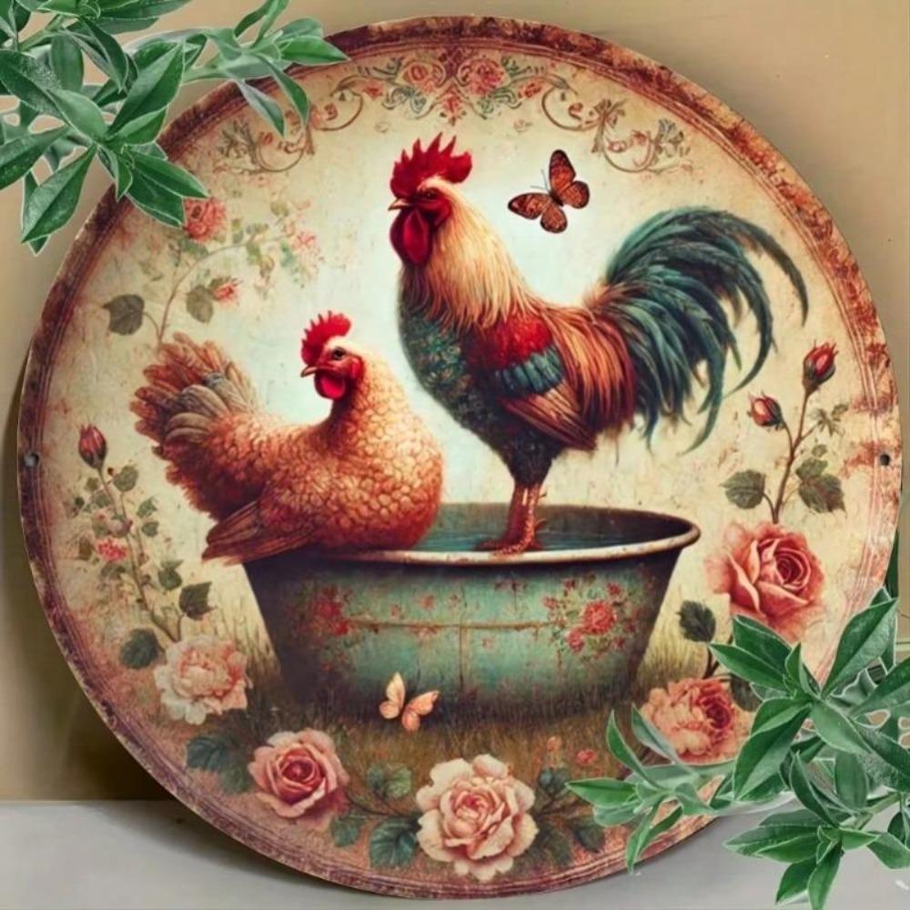 Rooster Iron Wall Art Rustic Farmhouse Decor Kitchen Bathroom Country Round Metal Sign