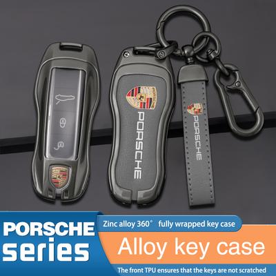 3 Knoppen Zinklegering Leer Auto Sleutelhoes Cover Sleutel Shell Voor Cayenne Panamera Macan Cayman 718 911 Taycan Sticker