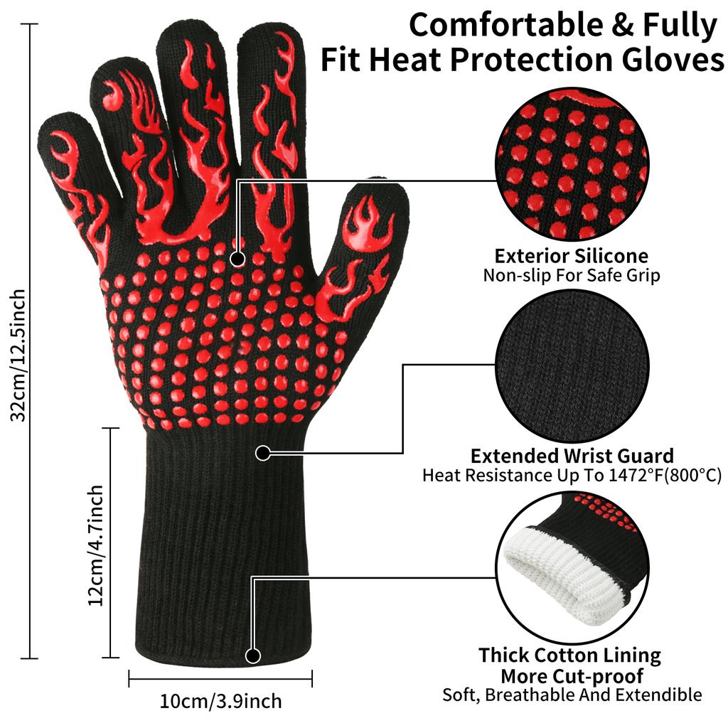 A Pair BBQ Gloves High Temperature Resistance Oven Mitts 800 Degrees Fireproof Non-Slip Barbecue Baking Grilling Gloves
