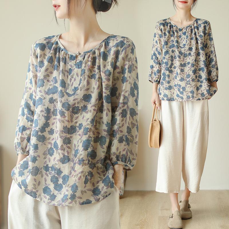 Artistic Retro Cotton and Linen Top Loose Floral Seven Quarter Sleeve Top Women's Blouses & Shirts