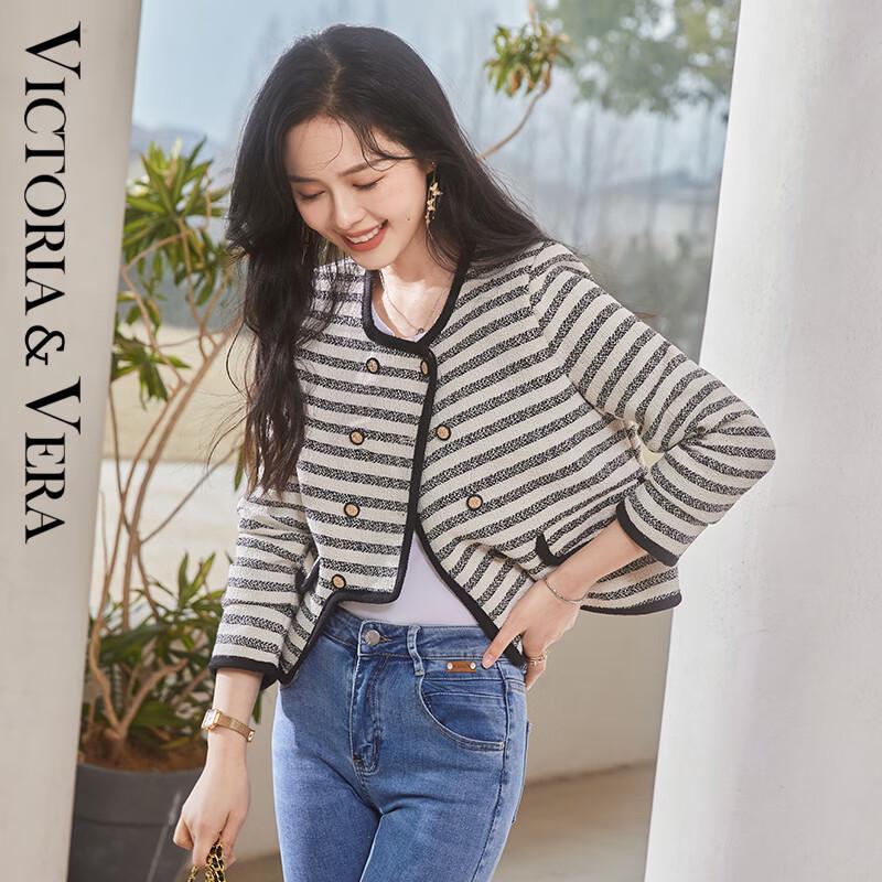 

VICTORIA&VERA Women s Cropped Irregular Stripe Round Neck Jacket M