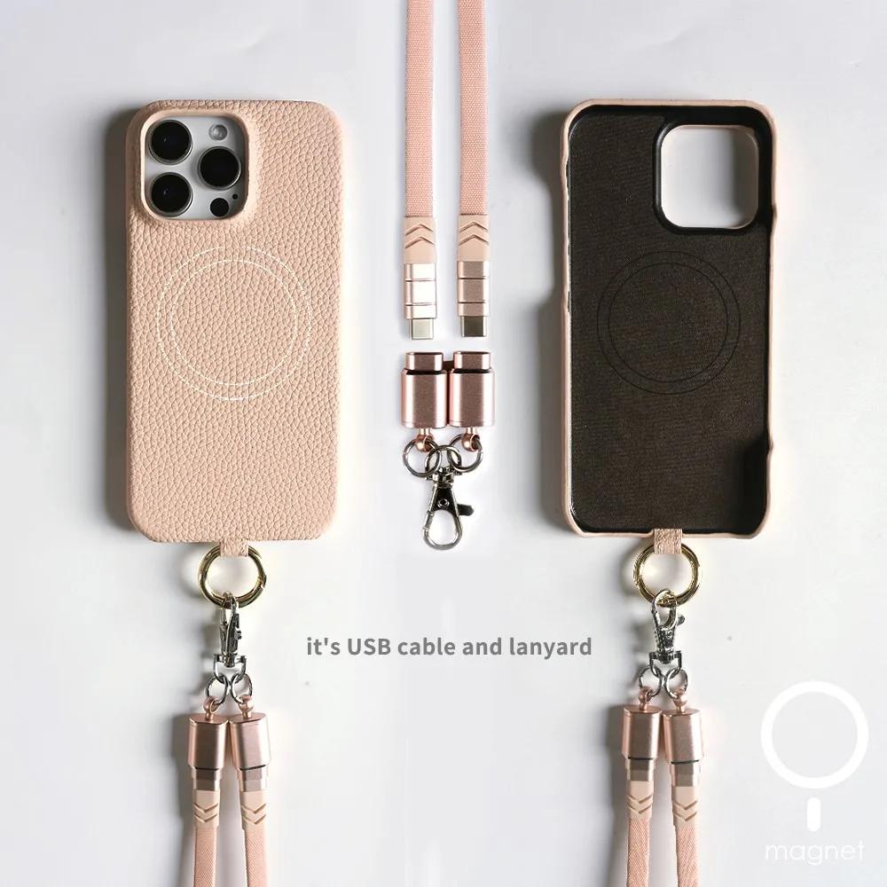 

Customizable Genuine Leather Phone Case with Charging Lanyard For Iphone 16 Pro Max Cases 15 14 13 12 11 Magnetic Cover Fundas For iPhone 16e&Genuine leather
