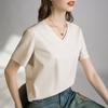 Liquid Ammonia Silk Cotton White Short Sleeved Shoulder T-shirt for Women's Spring/summer V-round Neck Basic Top