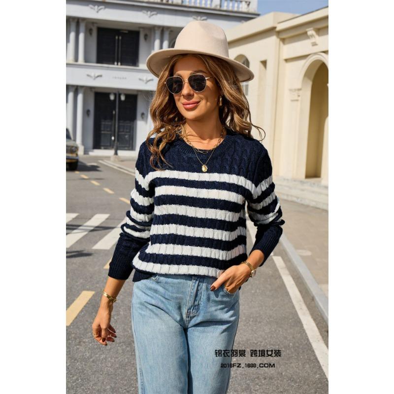 Ny Höst- och Vintertröja Färgblockering Långärmad Randig Bekväm Rundhalsad Tröja Tröja Damtopp