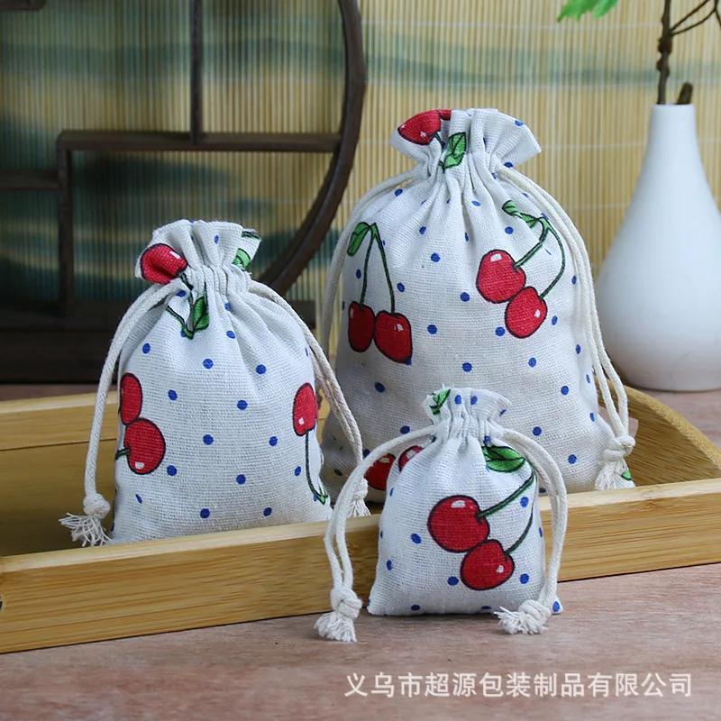 10pcs/lot Linen Drawstring pocket Cute Pattern Printed DIY wedding Candy Storage Bag Travel Makeup Cloth Shoes Sundries Storage