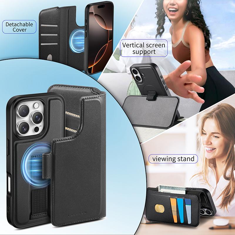 Leather Wallet Case for IPhone 17 Pro Air 15 14 13 12 16 Pro Max Plus Magsafe Case 2 in 1 Detachable Magnetic Flip Cover Holder