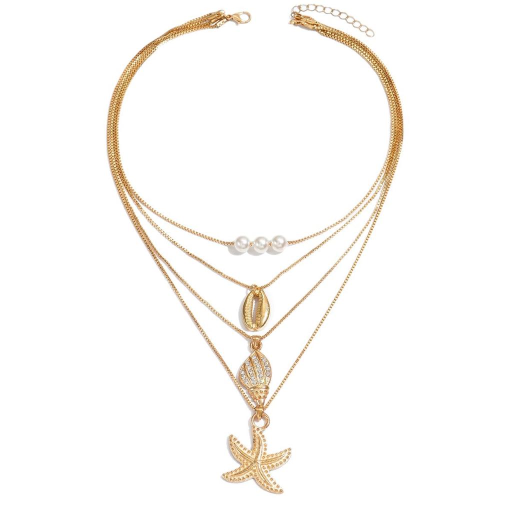 Shell Necklace European and American Jewelry Women's Ocean Holiday Necklace Conch Starfish Multilayer Stacked Collarbone Chain