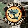 2D Flat, 1pc Round Aluminum Hanging Sign, "Smile You're On Camera" CCTV Security Camera & Smiley Face Design, Retro Distressed Warning Metal Sign