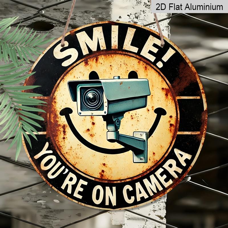 2D Flat, 1pc Round Aluminum Hanging Sign, "Smile You're On Camera" CCTV Security Camera & Smiley Face Design, Retro Distressed Warning Metal Sign