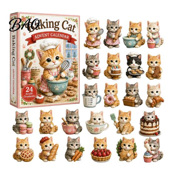 Cat Countdown Calendar Christmas Advent Calendar, 24 Day with Cute Ornaments, Festive Room Decor 2D Acrylic Kitty Holiday Decorations, Gift for Kids,