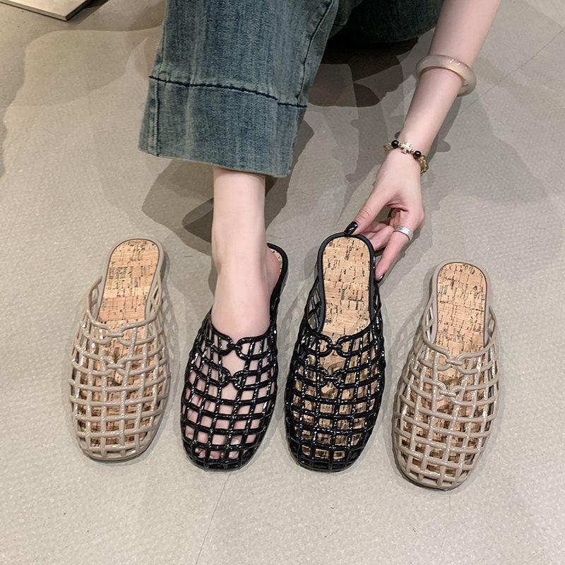 Fashion mesh non-slip flat bottom hole beach sandals transparent bag head hollow slippers 2025 summer and autumn new