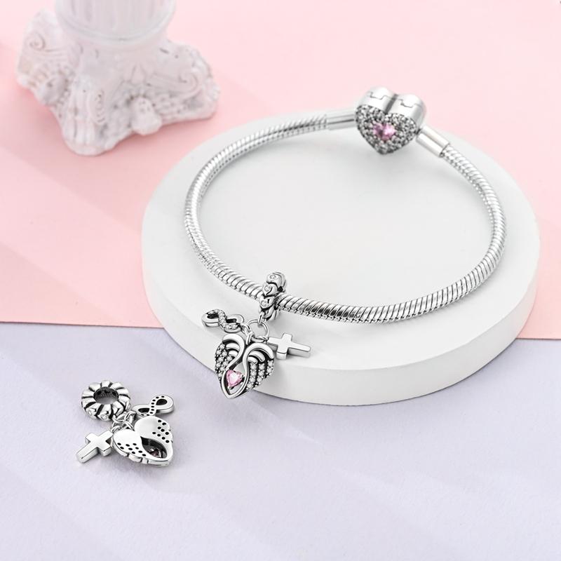 Charmscopper Plated Pink Eternal Heart-Shaped Wing Pendants Fit Charms Original Bracelet Beads Women Jewellery Making