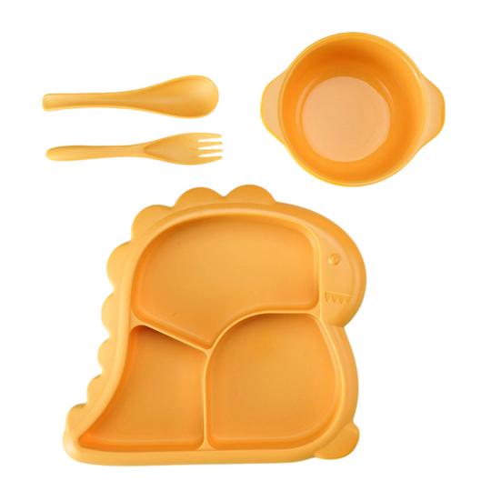 

4Pcs/Set Dinner Plate Dinosaur-Shaped Divided Plate Including Bowl Spoon Fork Ergonomic Baby Feeding Utensils Easy to Clean Safe for Kids жовтий
