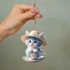 Cute Cartoon Cat Acrylic Flat Tea Cup Car Decoration Pendant For Interior Charm