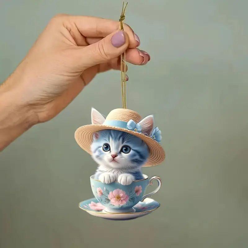 Cute Cartoon Cat Acrylic Flat Tea Cup Car Decoration Pendant For Interior Charm
