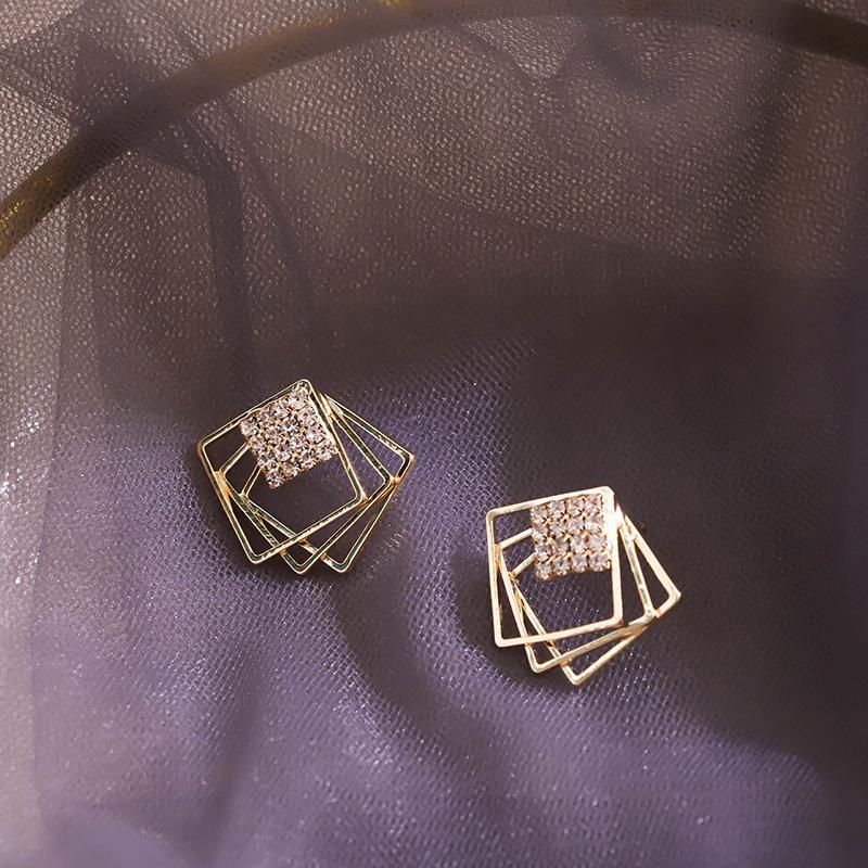 Crystal Inlay Three Layers Square Stud Earring for Women Korean Hollow Geometric Jewelry Simple Valentine's Day Gift
