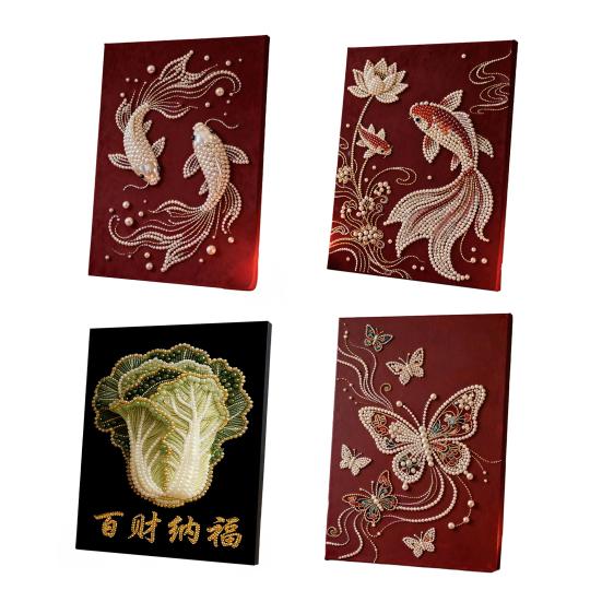 DIY Pearl Painting Kit for Adults Beginners Fancy Carp Butterfly Designs 3D Pearl Art Craft Kit Pre-Printed Canvas Resin Pearls Set for Wall Decor