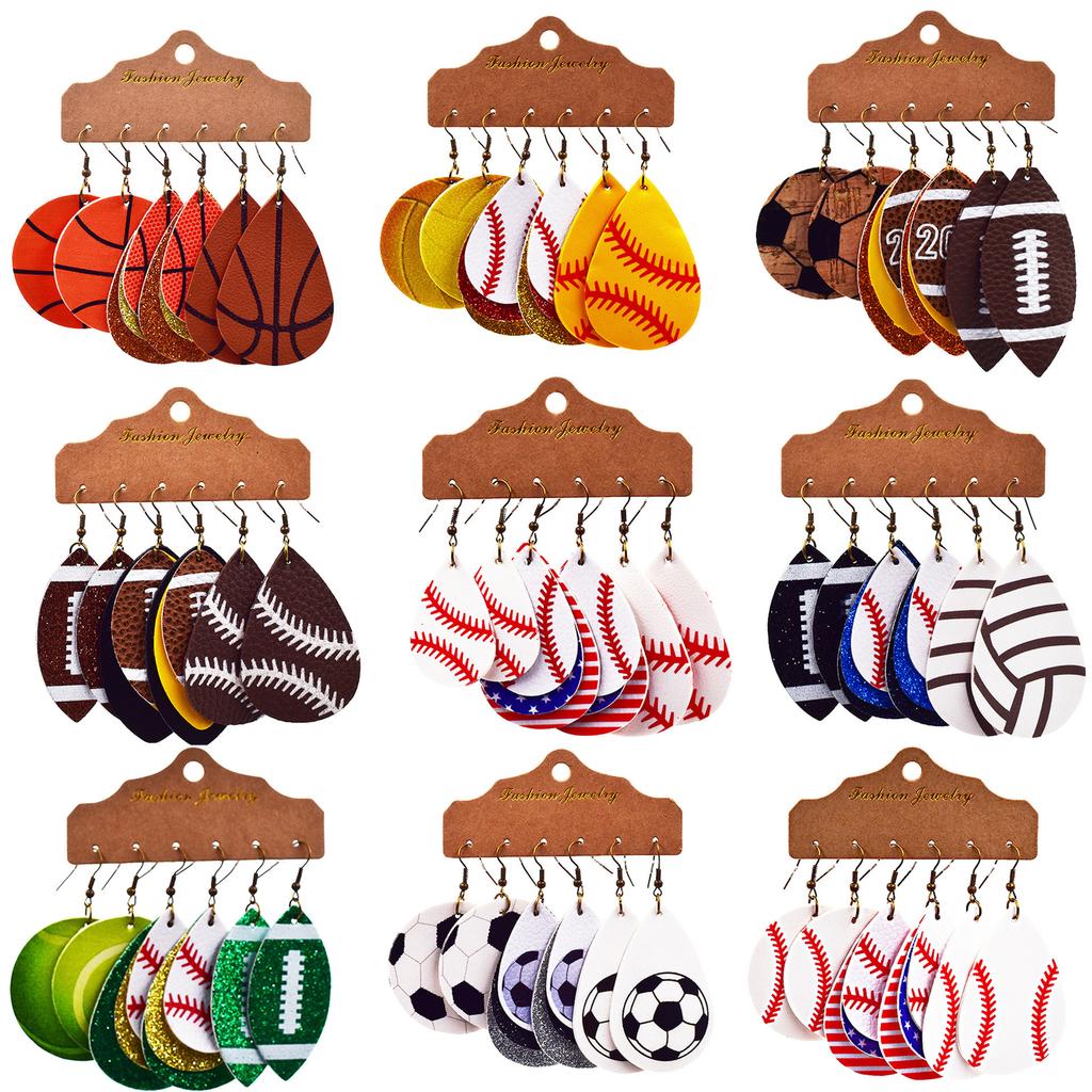 World Cup sports ball drop-shaped leather earrings, basketball, football, rugby, baseball earrings, multi-layered earrings, three pairs in one pack