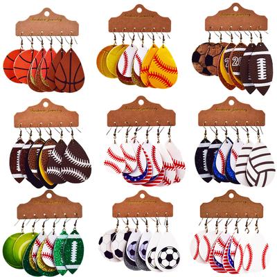World Cup Sports Ball Drop-shaped Leather Earrings, Basketball, Football, Rugby, Baseball Earrings, Multi-layered Earrings, Three Pairs In One Pack