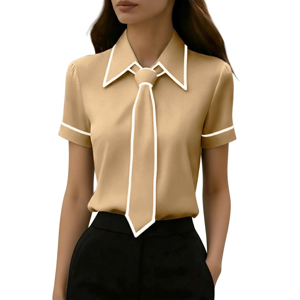 Womens Spring Tops Summer Shirts for Women Short Sleeve Office Blouse with Tie Womens Summer Tops Dressy Casual Style