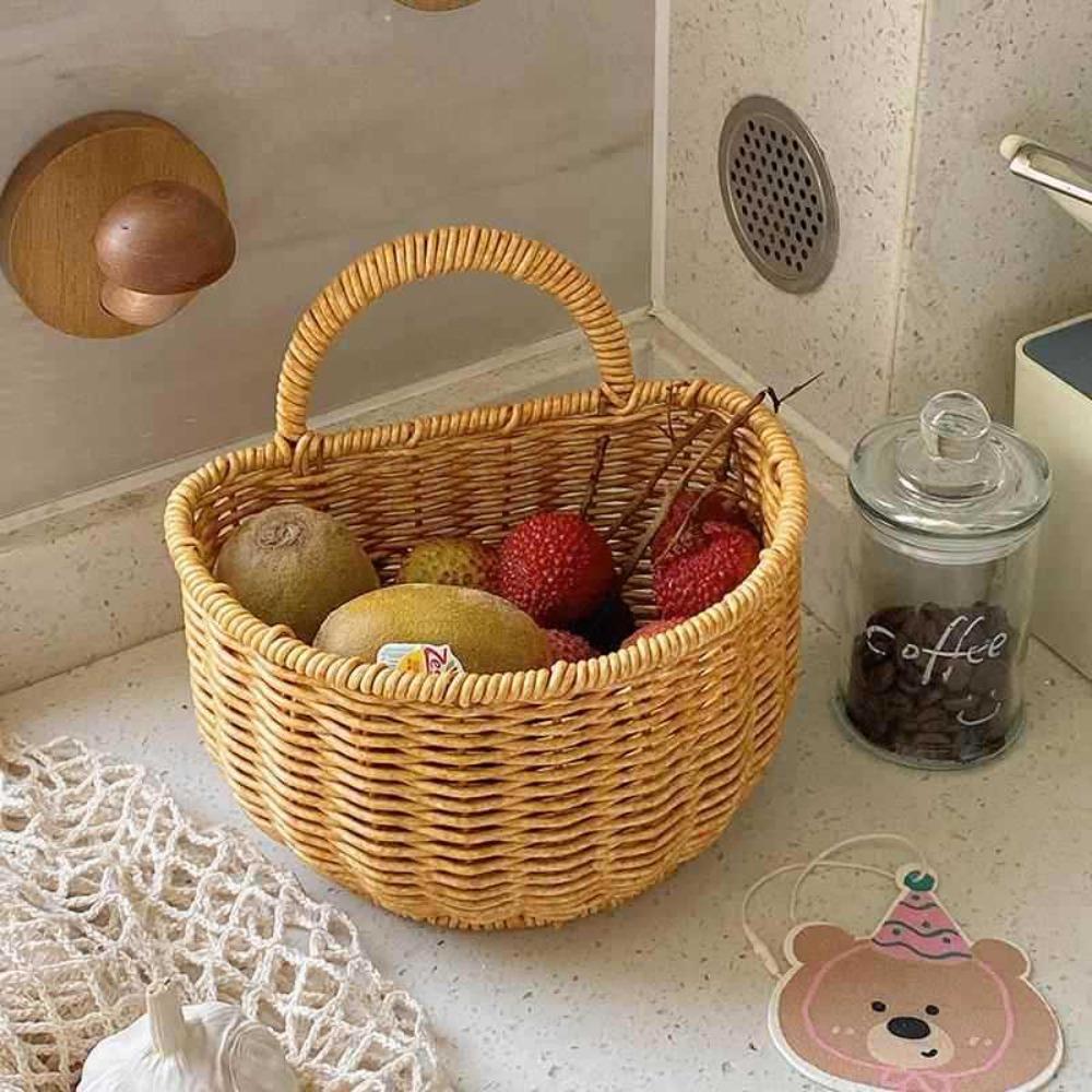 Handwoven Rattan Wall Hanging Basket - Wicker Storage Organizer for Kitchen, Bathroom & Home, Hanging Fruit Basket with Handle
