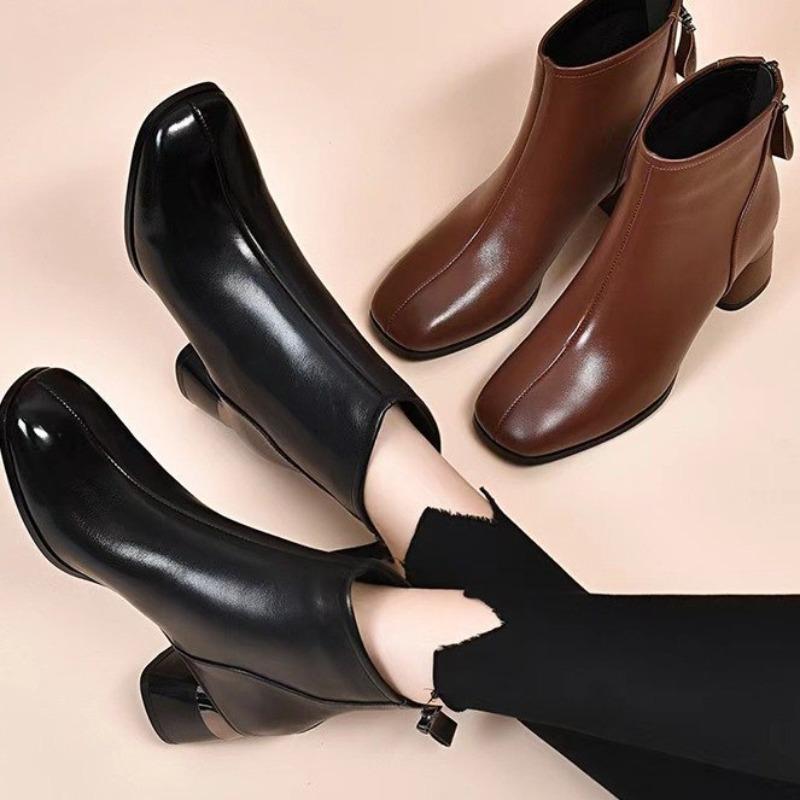 Round-toe High-heeled Short Boots for Women, New Autumn-winter Style, Single Shoes with Thick Heels