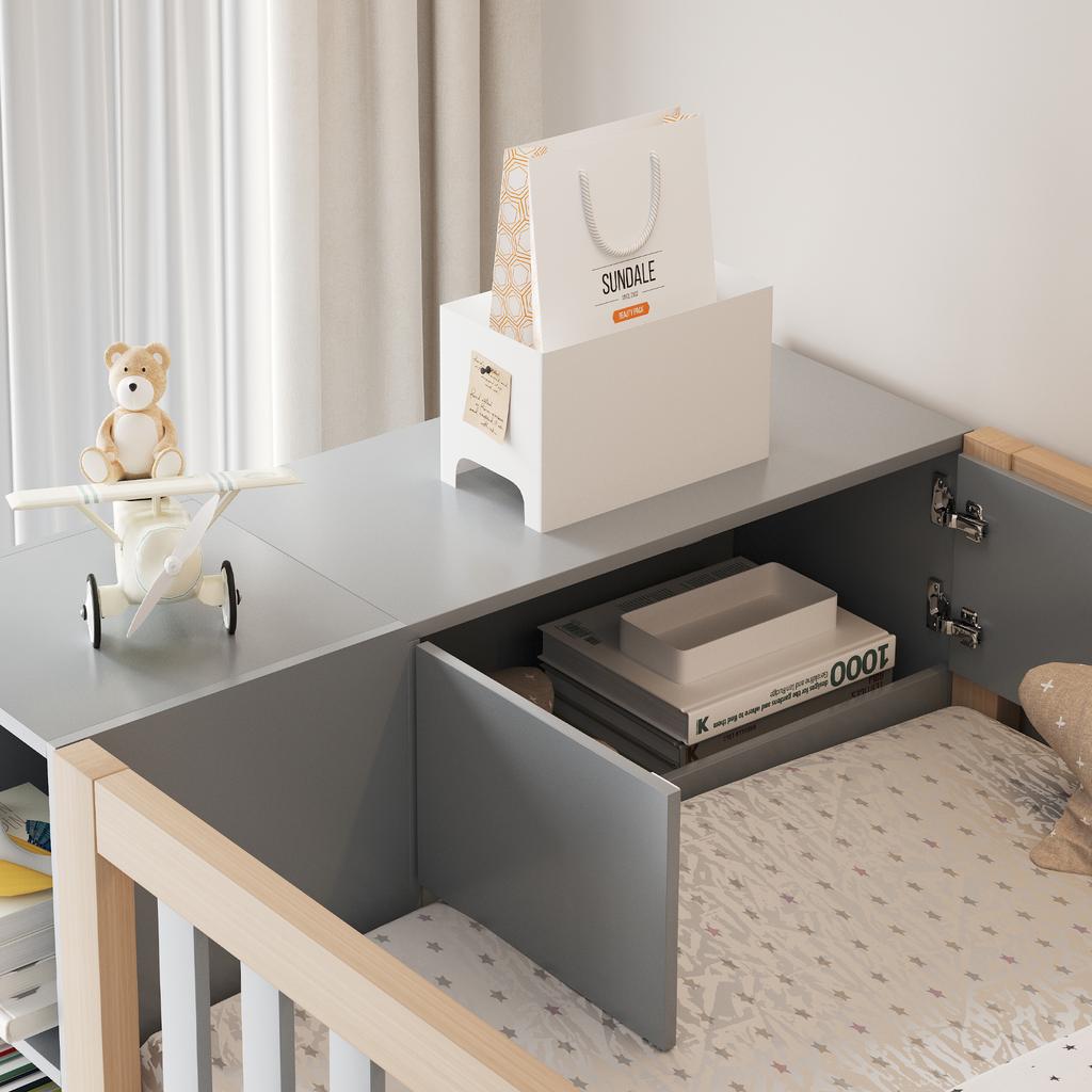 Letto a soppalco multifunzionale 90x200cm con mensole, armadio contenitore e grande armadio, scaletta di sicurezza con vani portaoggetti, colore grigio + legno naturale
