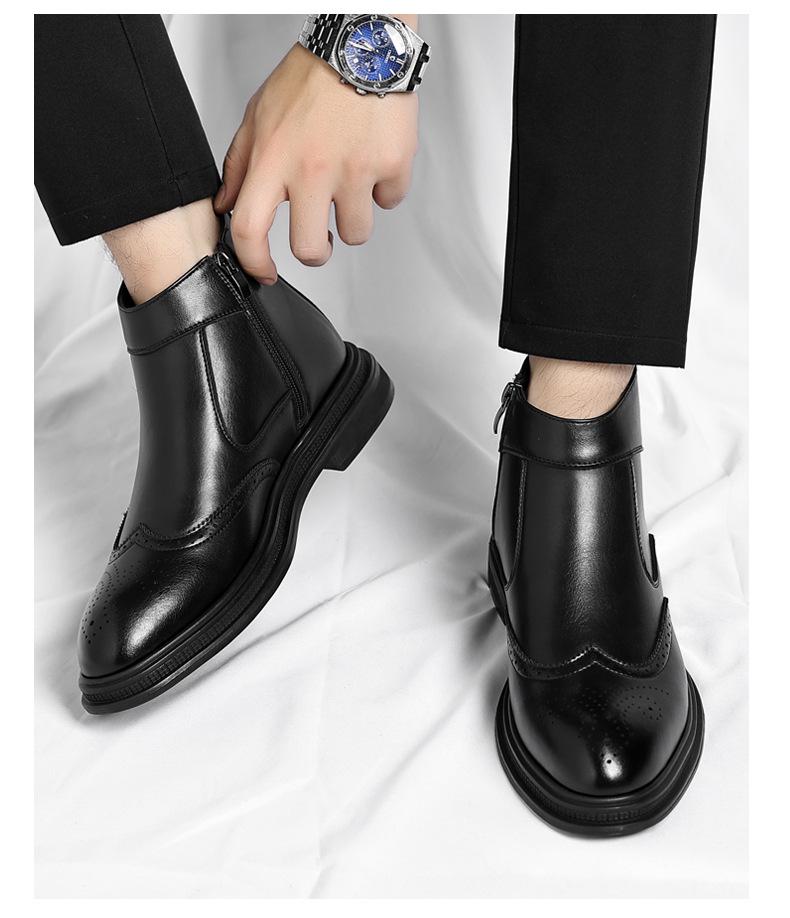 Autumn Winter New Big Size Chelsea Boots Men Fleece Keep Warm High Top Ankle Boots Male Solid Color Cow Leather Brogue Shoes Man