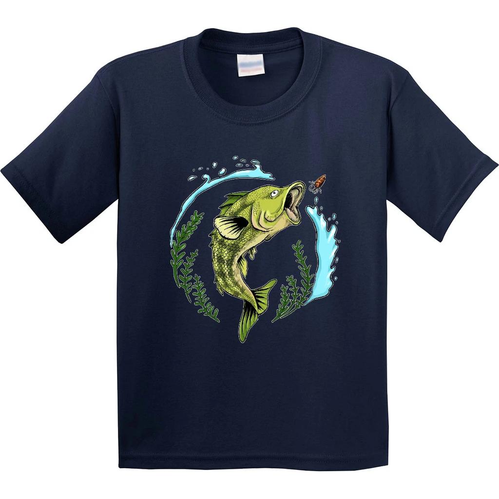 Inktastic Leaping Bass Fish- Fishing Illustration Youth T-Shirt Tackle Water Tee