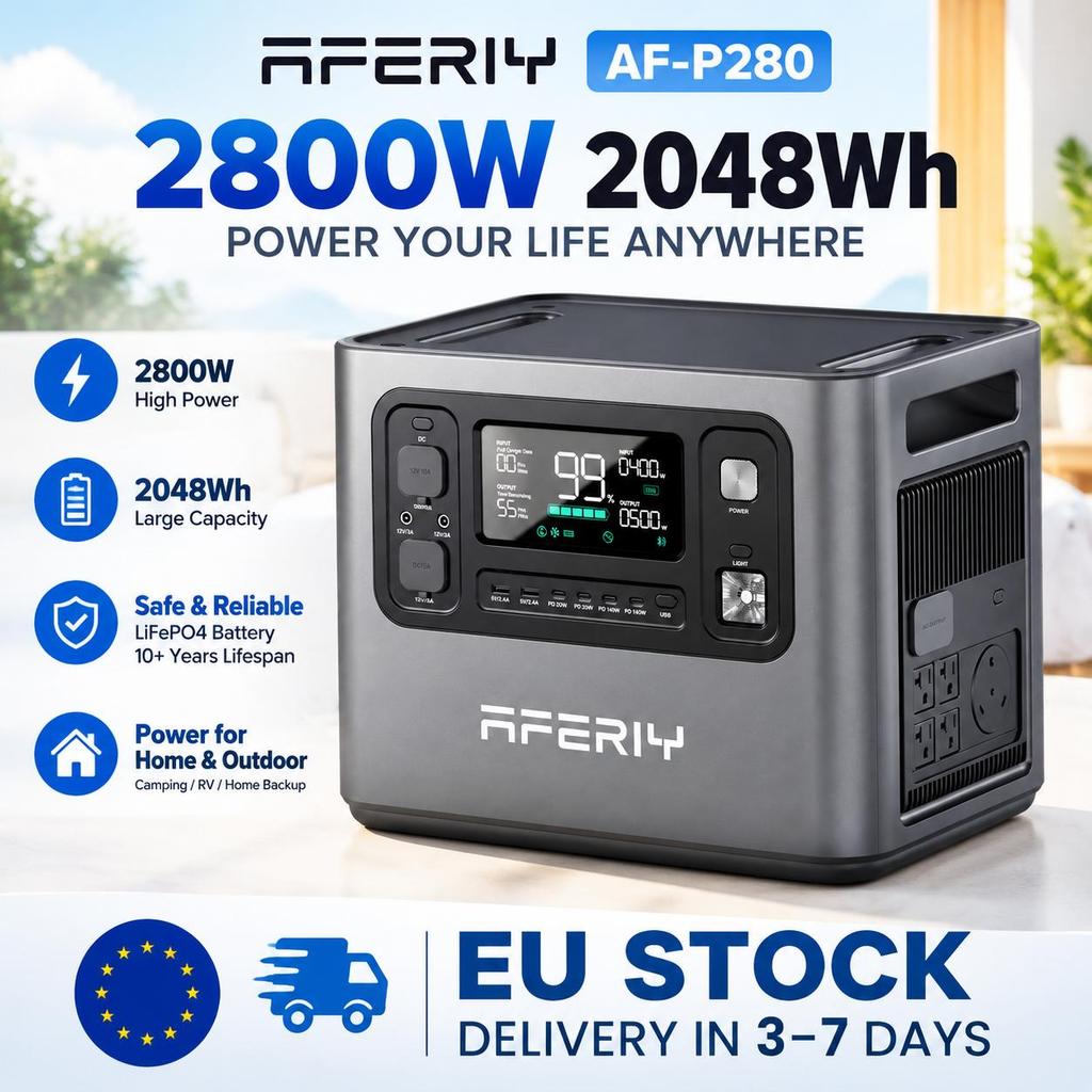 AFERIY P280/P280-B Zonnegenerator, 2048Wh LiFePO4, 2800W UPS Draagbare Energiecentrale voor Thuis, Camper & Kamperen