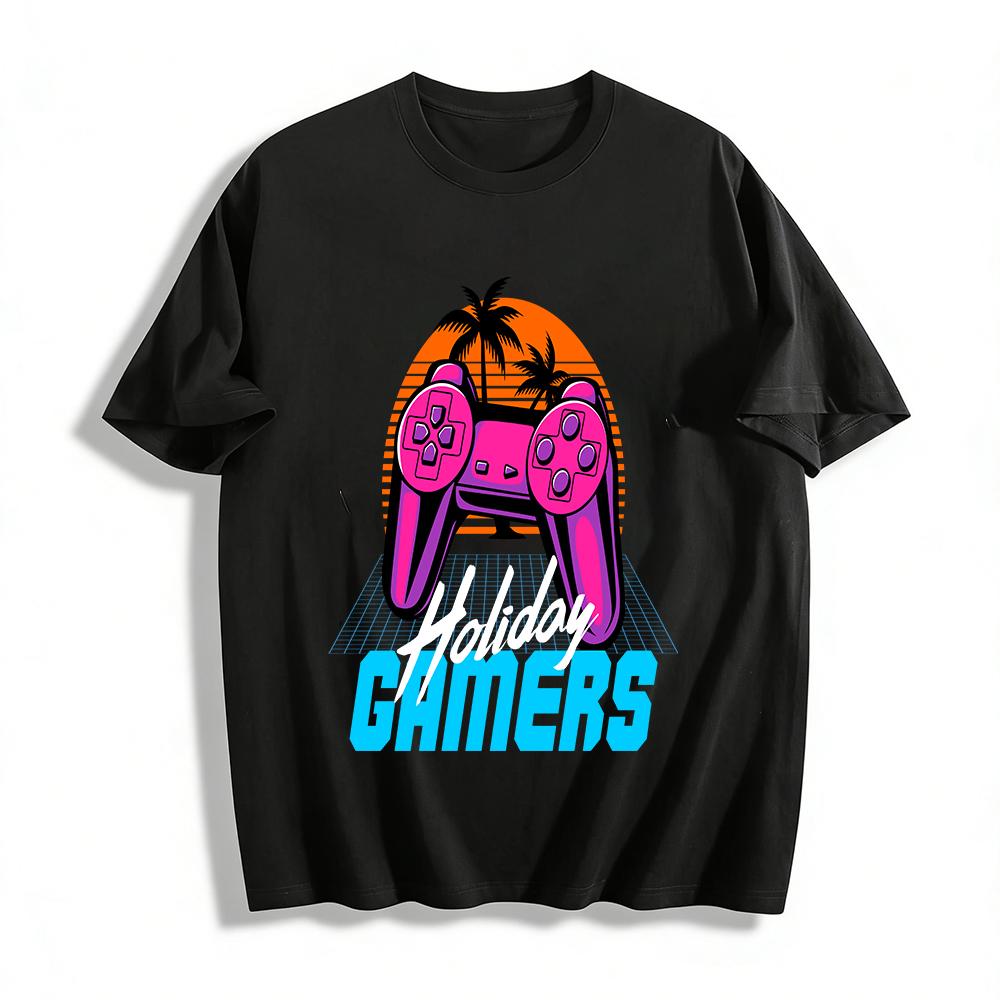 Retro Cyber Holiday Gamers Controller Print Casual T-Shirt Pure cotton T-shirt XXS