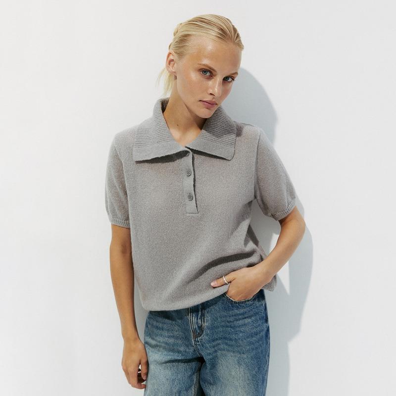Módní pletený pulovr Dámský svetr s krátkým rukávem 2025 Jaro Léto Klopa Knoflíky Top Jednoduchý Tenký Elegantní Volný Ležérní Kancelářský Pletený Oděv