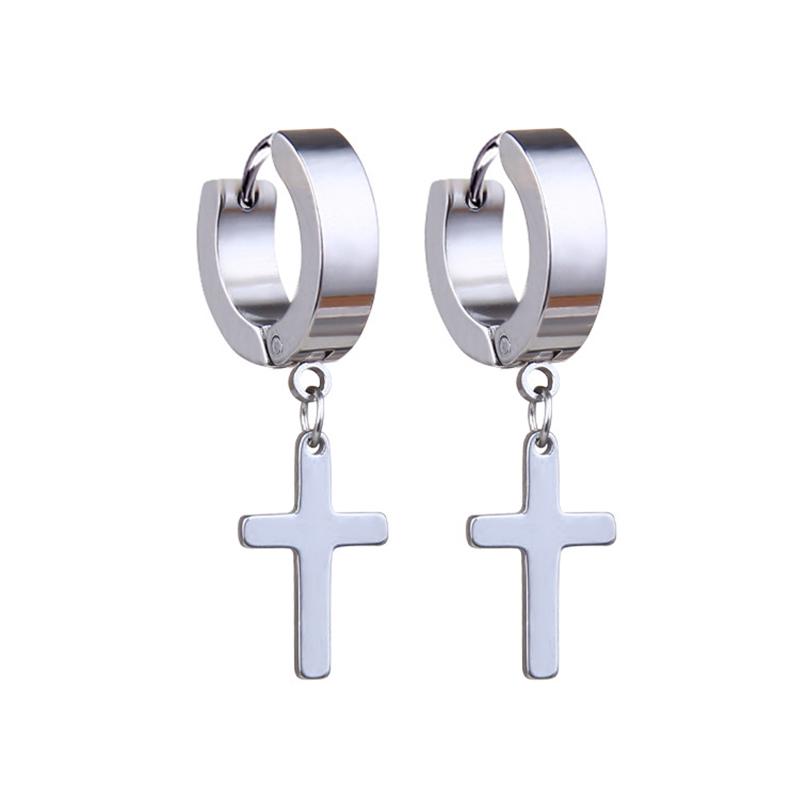 Newest 1 Pair Stainless Steel Cross Pendant Dangle Long Tassel Unisex Hoop Earrings Men/Women Punk Gothic Zircon Best Gifts